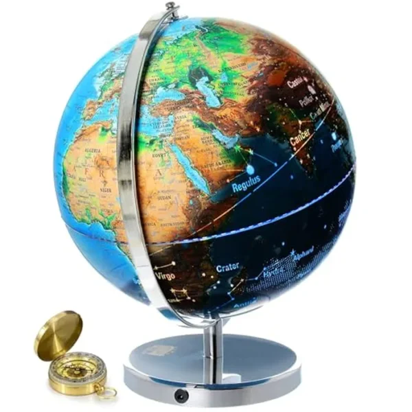 GetLifeBasics globo terráqueo iluminado de 13 pulgadas: esfera terráquea con constelaciones, luz de noche para oficina, recámara infantil o brújula para viajeros y eBook educativo (idioma español no garantizado)