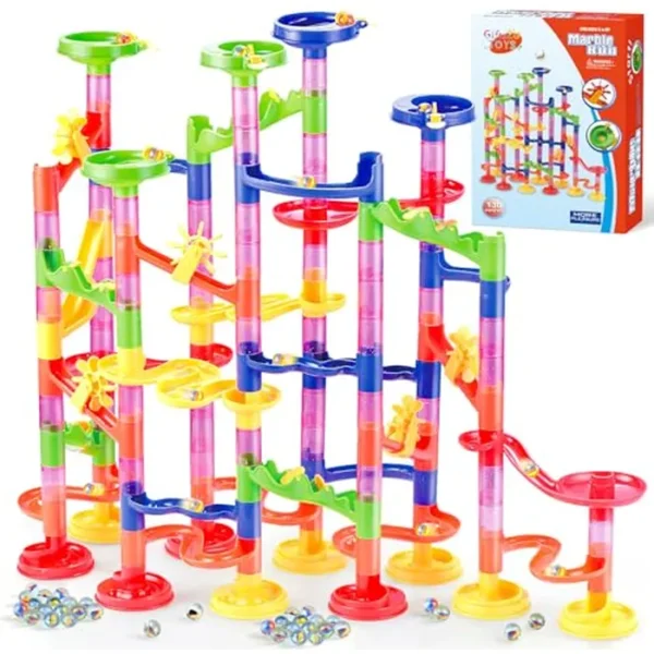 Gifts2U Juguete de carrera de mármol, 130 piezas educativas de construcción laberinto, juego de juguetes con canicas de vidrio para niños y juegos de padres e hijos