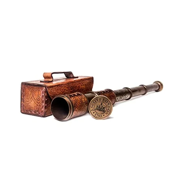RII - Cristal espía de decoración antigua, telescopio pirata con funda de cuero, telescopio de mano para entusiastas de la aventura, decoración náutica monocular para regalos, viajeros, J. Scott London, 17.5 pulgadas