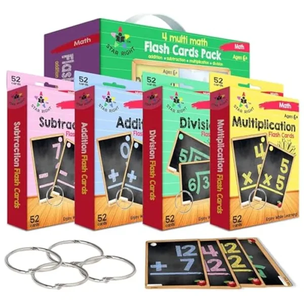 Juego de 4 tarjetas de matemáticas Star Right Math Flashcards suma, resta, multiplicación, división con 4 anillos, 208 tarjetas para niños de 6 años en adelante, tarjeta flash de 1er a 4º grado