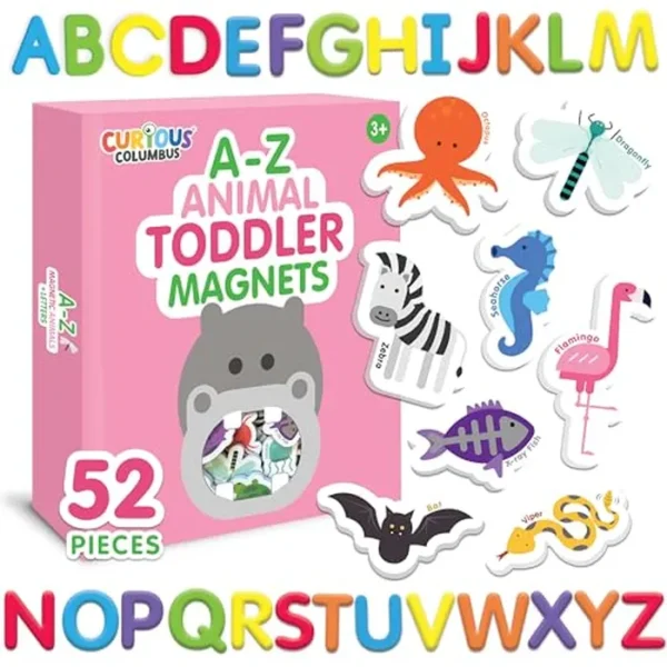 Curious Columbus Imanes para niños pequeños – Imanes de nevera de animales para niños | 52 imanes de refrigerador con 26 animales + 26 letras magnéticas ABC | Juego de aprendizaje de alfabeto de