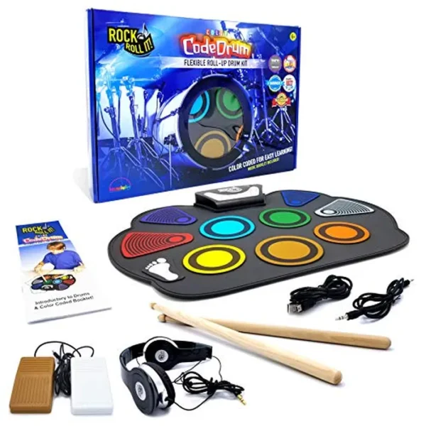 MUKIKIM Rock And Roll It - CodeDrum. Juego de batería portátil enrollable para niños y adultos. Almohadilla electrónica de silicona arcoíris | Auriculares | Pedales | Baquetas | Folleto de ritmo de