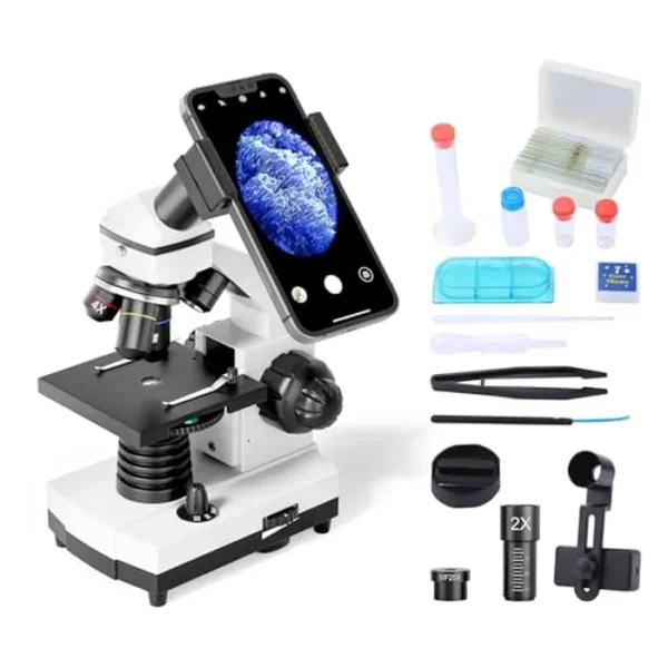 Microscopio para adultos, niños, estudiantes, 100-2000x, aumento de 100-2000x, potentes microscopios educativos biológicos con accesorios de operación (10 p), juego de diapositivas (15 p), adaptador