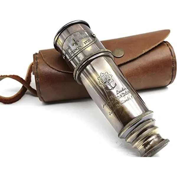 Telescopio vintage marítimo de latón 1920 – Cristal espía pirata de mano con funda de cuero puro auténtico – Monocular náutico para coleccionistas, senderismo, decoración de regalo – 15 pulgadas