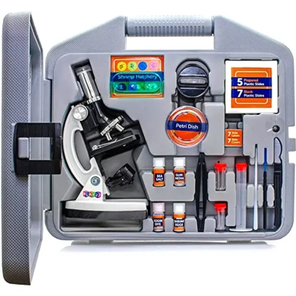 Play22 Kit de microscopio para niños, 50 piezas, kit de ciencia para niños, 120X-1200X, microscopio de cuerpo de metal, caja de transporte, experimentos científicos, juguetes de laboratorio para