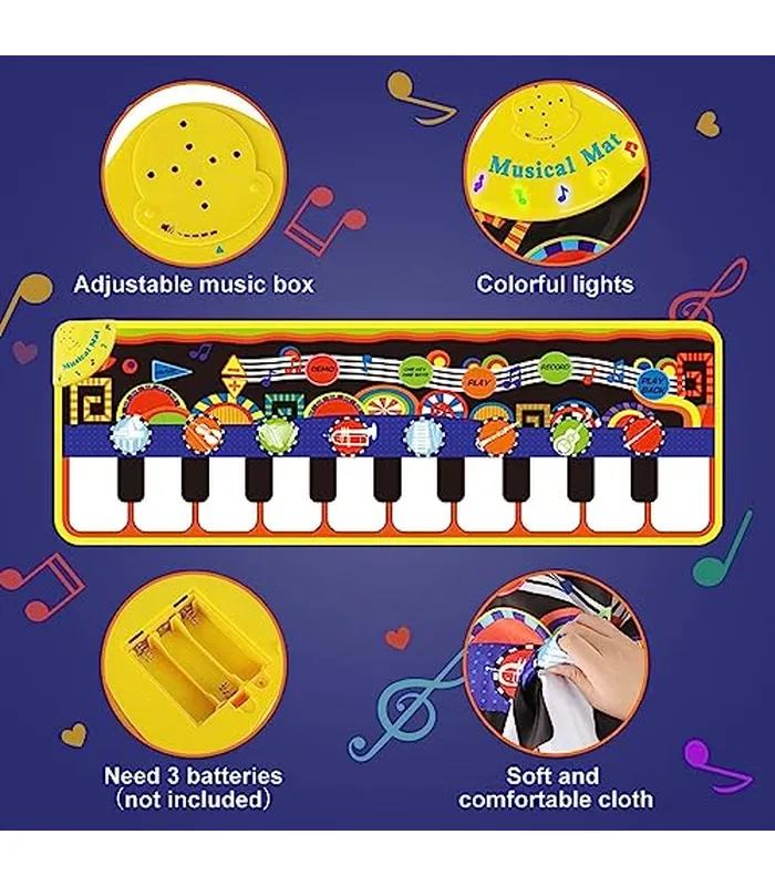 B07MBDZCXT05 RenFox - Tapetes musicales infantiles, alfombra con teclado de piano y pista de baile, manta de mascotas, tapete de juego táctil, juguetes de educación temprana para bebés y niños (43.3 x 14.2 pulgadas)