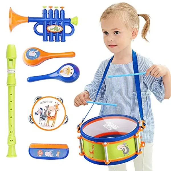 iPlay, iLearn Juguetes de instrumentos musicales para niños pequeños, juego de batería para niños, trompeta de bebé, percusión, armónica, maraca, flauta, pandereta, regalos de cumpleaños para niños de