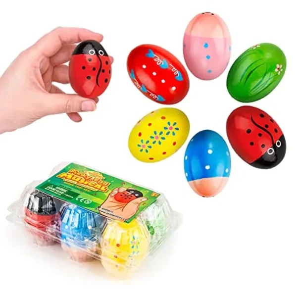 IPIDIPI TOYS Maracas para huevos para niños, instrumentos de percusión de juguete musical de madera, fabricación de sonido Montessori, rellenos de bolsas de regalo, diseño colorido, paquete de 6
