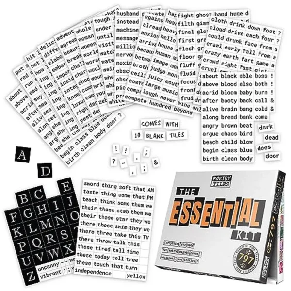 Kit esencial de azulejos de poesía – 797 imanes de palabras para poemas de refrigerador y mensajes magnéticos tontos – Sé creativo, exprésate y haz que otros se rían de tus palabras ingeniosas
