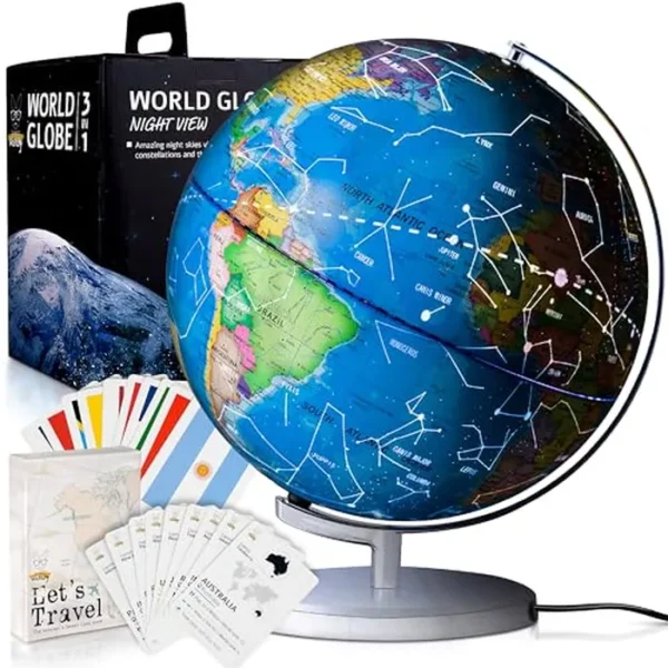Globo del mundo educativo iluminado de 9 pulgadas + banderas STEM y países. Juego de cartas interactivo 3 en 1 para niños, mapas políticos y de constelación, lámpara de luz nocturna LED