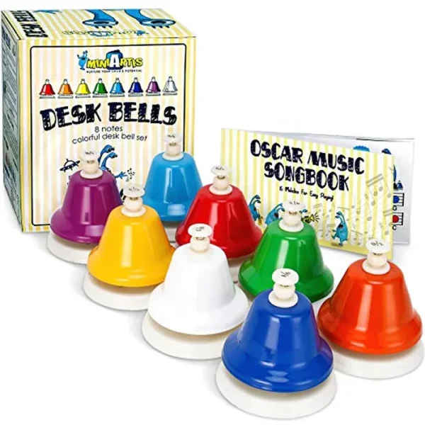 MINIARTIS Campanas de escritorio para niños | Juguetes educativos de música para niños pequeños Juego de campanas de mano coloridas de 8 notas | Instrumento musical para niños con 15 cancioneras |