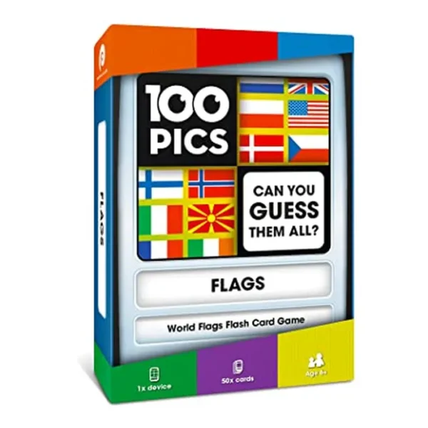 100 PICS Flags of The World Travel Game - Learn 100 Country Flags | Flash Cards with Slide Reveal Case | Geography Card Game, Gift, Stocking Stuffer | for Kids and Adults | Ages 6+