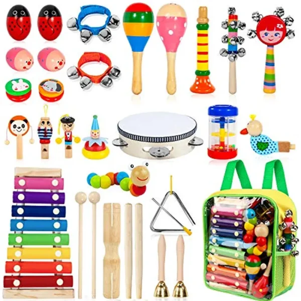 Instrumentos musicales para niños, 33 piezas, 18 tipos, instrumentos de percusión de madera, pandereta, xilófono, juguetes para niños, educación preescolar, aprendizaje temprano, juguete musical para
