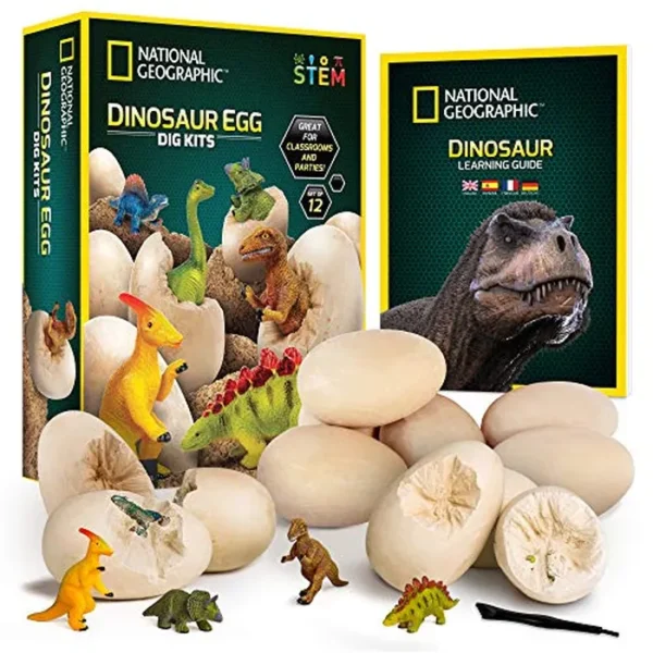 NATIONAL GEOGRAPHIC - Kit de excavación de dinosaurios – 12 ladrillos de excavación en forma de dinosaurio con figuras de dinosaurio en el interior y juegos de herramientas de excavación, caza de