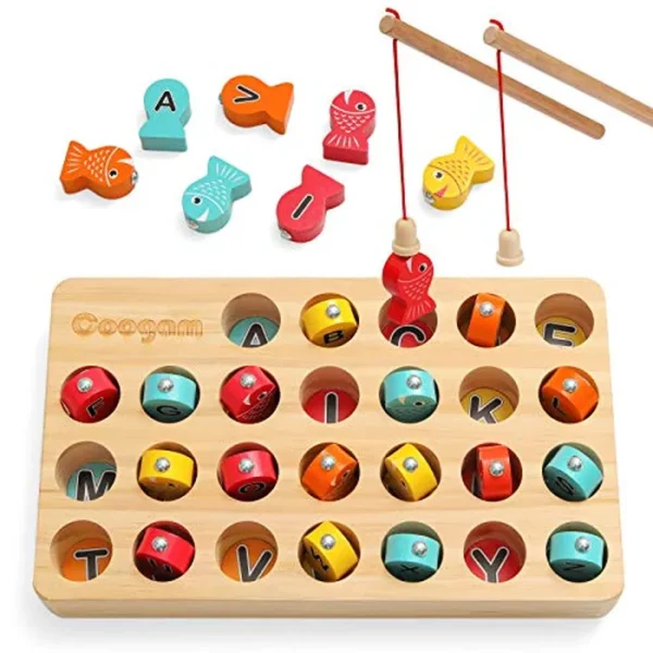 Coogam Juego de pesca de madera magnético, un buen juguete para la habilidad motora, rompecabezas de clasificación de colores del alfabeto ABC, letras Montessori, regalo preescolar para niños de años de edad con 2 postes