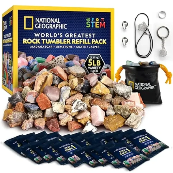 National Geographic - Kit de recambio de vaso de rocas, mezcla de rocas de 5 libras para piedras preciosas rugosas y piedras preciosas, incluye arena para vaso de roca y recambio de pulido, y rocas