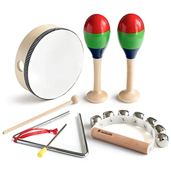 MUSICUBE Juego de 7 piezas de instrumentos musicales para niños, instrumentos de percusión de madera con tambor de mano, maracas, triángulos, campana de mano, instrumento educativo para niños
