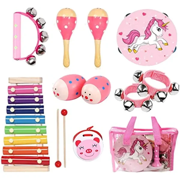 Juego de instrumentos musicales para niños, 12 piezas de instrumentos de percusión de madera, juguetes de pandereta xilófono para niños que juegan educación preescolar, juguetes musicales de