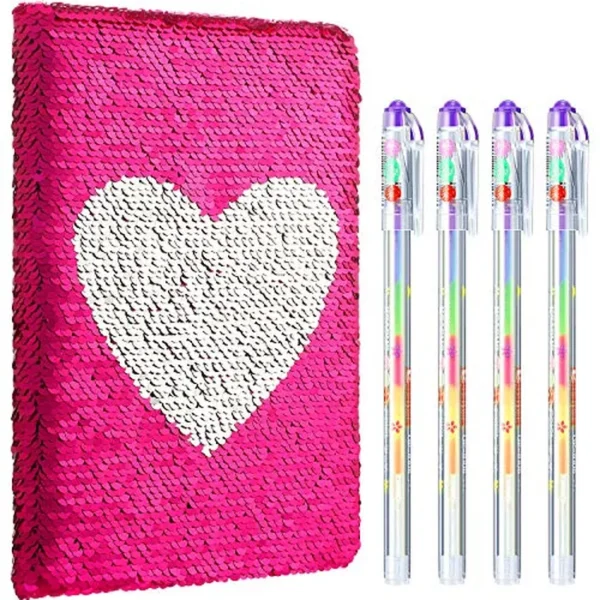 Outus Juego de diario de lentejuelas para niñas con 4 bolígrafos de tinta de gel de color, diario reversible, cuaderno de lentejuelas con purpurina para niñas, adolescentes, regalos de fin de año