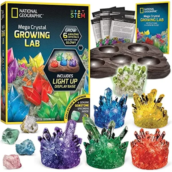 NATIONAL GEOGRAPHIC - Kit de cultivo de megacristales para niños, 6 cristales con soporte iluminado, regalos científicos para niños de 8 a 12 años, experimento de fabricación de cristales, kit de