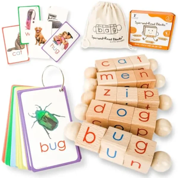 LITTLE BUD KIDS Spin-and-Read Montessori - Bloques y fichas de lectura fonética, set de juego ideal para viaje para pequeños lectores principiantes