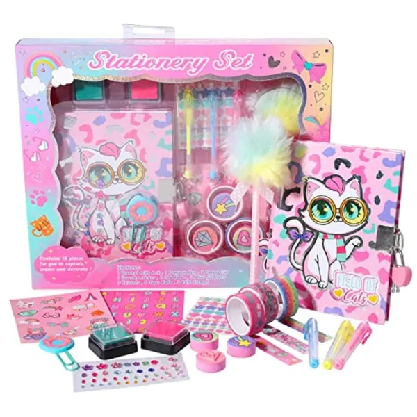Diario de gato para niñas con cerradura, juego de papelería de gato con diario secreto, sellos, bolígrafos, cuaderno de diario, regalos de cumpleaños para niñas pequeñas de 5, 6, 7, 8, 9, 10