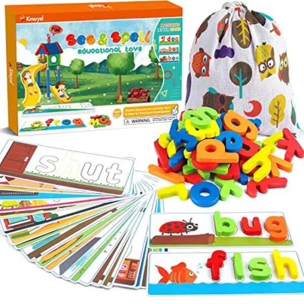 KMUYSL Juguetes de aprendizaje para niños y niñas de 2, 3, 4, 5 y 6 años, para ver y deletrear CVC, constructores de palabras con tarjetas del alfabeto para niños, juguetes de actividades de