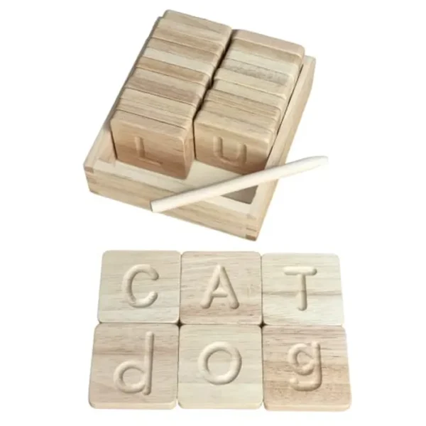 Montessori - Juego de azulejos del alfabeto de madera, letras de seguimiento para niños, tarjetas flash ABC de doble cara (mayúsculas y minúsculas) | Incluye lápiz capacitivo y caja de almacenamiento