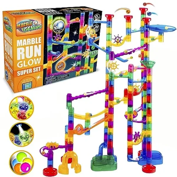 Marble Genius Glow Marble Run Super Set - 200 piezas completas + aplicación de instrucciones gratuita y manual de instrucciones a todo color
