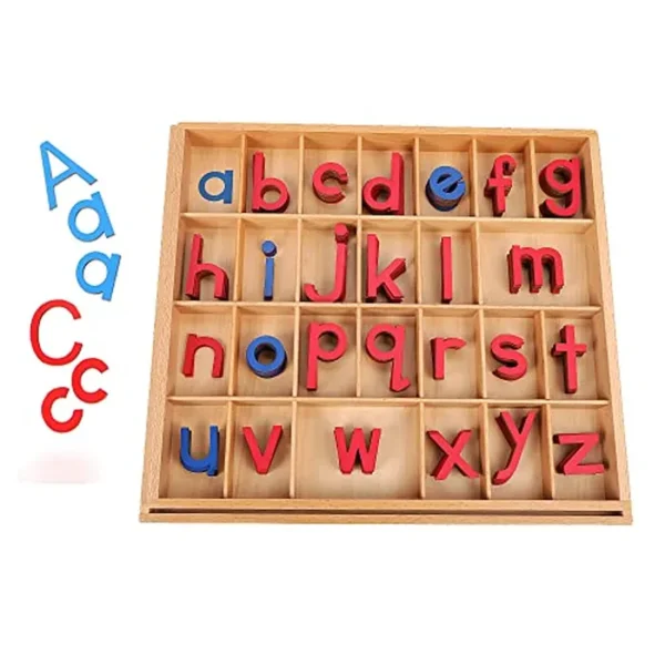 Montessori Letra Materiales de Aprendizaje de Madera Pequeños Objetos de Lenguaje del Alfabeto movibles con Caja (Rojo y Azul)