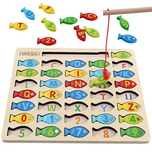 Juguete magnético de pesca de madera para niños pequeños, juego de conteo de peces del alfabeto, rompecabezas con números y letras, aprendizaje preescolar ABC matemáticas, juguetes educativos de 3, 4,