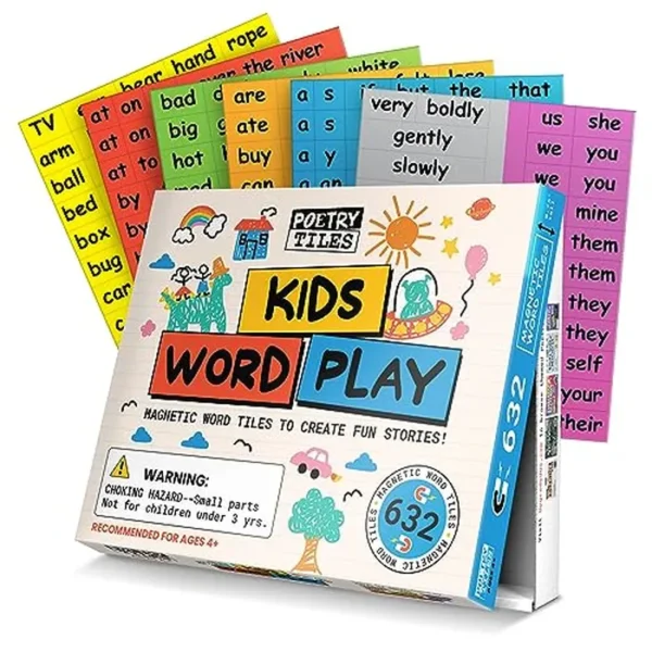 Juego de palabras para niños, 632 imanes de nevera para niños, explora la construcción de oraciones, la escritura, la poesía y la imaginación con palabras magnéticas para tu refrigerador, azulejos