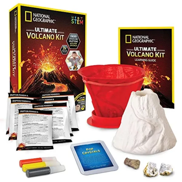 NATIONAL GEOGRAPHIC Ultimate Volcano Kit - Kit de ciencia de volcán en erupción para niños, 3 veces más erupciones, cristales pop crean sonidos emocionantes, juguetes educativos y de ciencia STEM