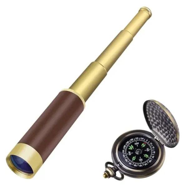 Telescopio pirata retro Spyglass para niños y adultos, telescopio portátil plegable de mano, monocular, zoomable 25 x 30 y equipo de supervivencia, brújula de bolsillo, brújula militar para acampar al