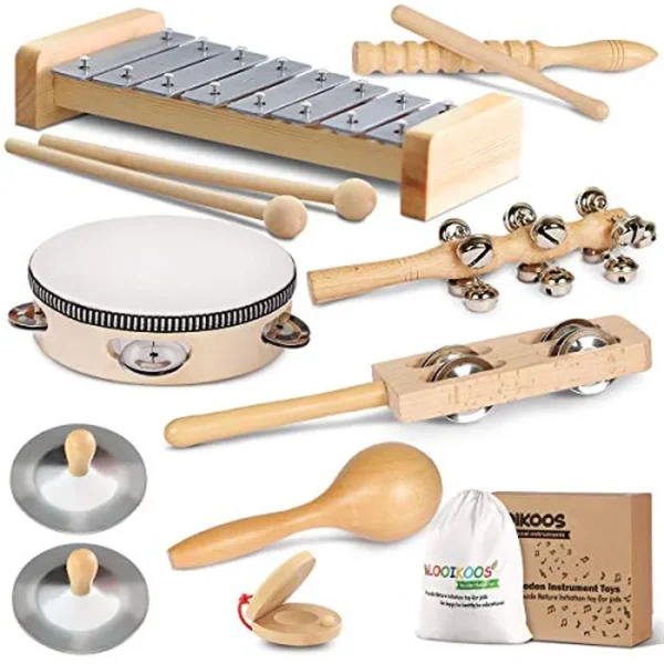 LOOIKOOS Instrumentos musicales para niños pequeños, juego de música ecológico para niños preescolares, instrumentos de percusión de madera natural, juguetes musicales para niños y niñas con bolsa de