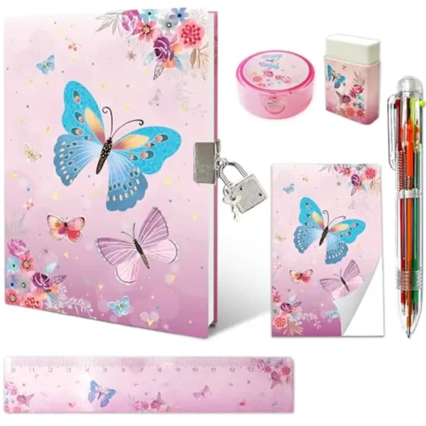 GINMLYDA Diario para niños con cerradura, diario de mariposa y juego de bolígrafos para niñas, incluye cuaderno de 7.1 x 5.3 pulgadas, bloc de notas con purpurina y un borrador en un kit estacionario