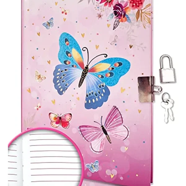GINMLYDA Diario para niñas con candado para niños, 7 x 5.25 pulgadas, 160 páginas rayadas, cuaderno secreto de mariposa rosa para niñas con cerradura para niños preescolares para escribir dibujos,