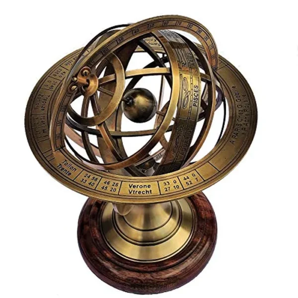 Globo de esfera armilar de latón antiguo de 11 pulgadas, astrolabio del zodiaco, grabado con base de madera