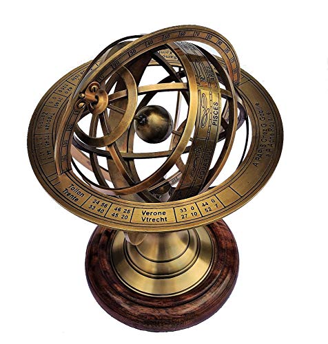 Globo de esfera armilar de latón antiguo de 11 pulgadas, astrolabio del zodiaco, grabado con base de madera