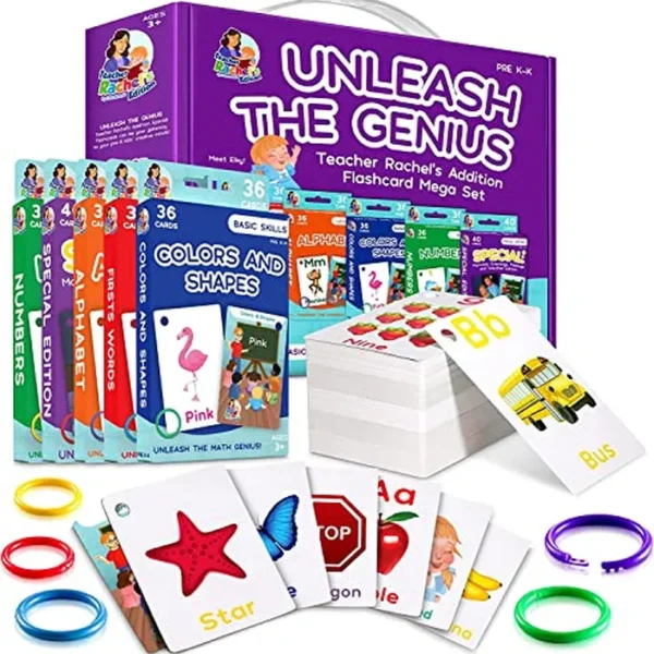 Teacher Rachel - Juego de 5 184 tarjetas educativas para niños pequeños, juego de tarjetas preK-K Mega con primeras palabras, alfabeto, colores, formas, números, modales, saludos, sentimientos y clima