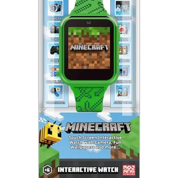 Accutime Microsoft Minecraft Green - Reloj inteligente educativo con pantalla táctil para niños, niñas, niños pequeños, cámara para selfies, juegos de aprendizaje, alarma, calculadora, podómetro y más