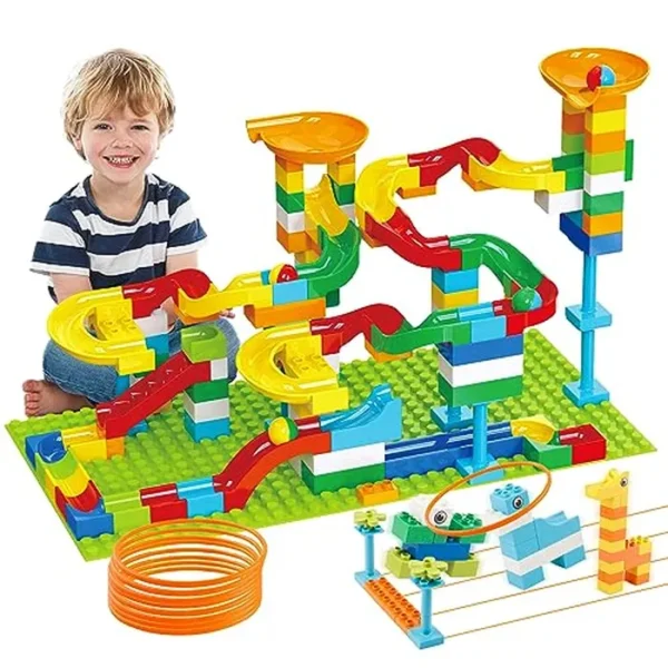 Juguetes 2 en 1 para niños – Bloques de construcción Marble Run para niños de 2, 3, 4, 5, 6, 7 años y más años, juegos clásicos de anillos de lanzamiento de ladrillos grandes, compatibles con