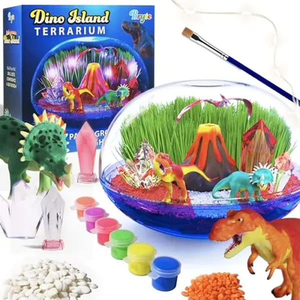 Bryte Kit de terrario de dinosaurio iluminado para niños, hábitat de dinosaurios con plantas reales, figuras, volcán y luces LED, kit de ciencia de bricolaje, juguetes STEM y manualidades, regalos de