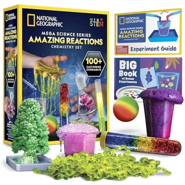 NATIONAL GEOGRAPHIC Amazing Chemistry Set – Mega Kit de química con más de 15 experimentos científicos, haz gusanos brillantes, un árbol de cristal, soluciones gaseosas y más, gran regalo STEM para niñas y niños