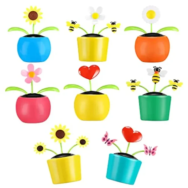 Wettarn Paquete de 8 juguetes solares de flores bailarinas en macetas de colores, girasol con mariposa, abeja, corazón oscilante, decoración de automóvil para decoración de tablero de ventana