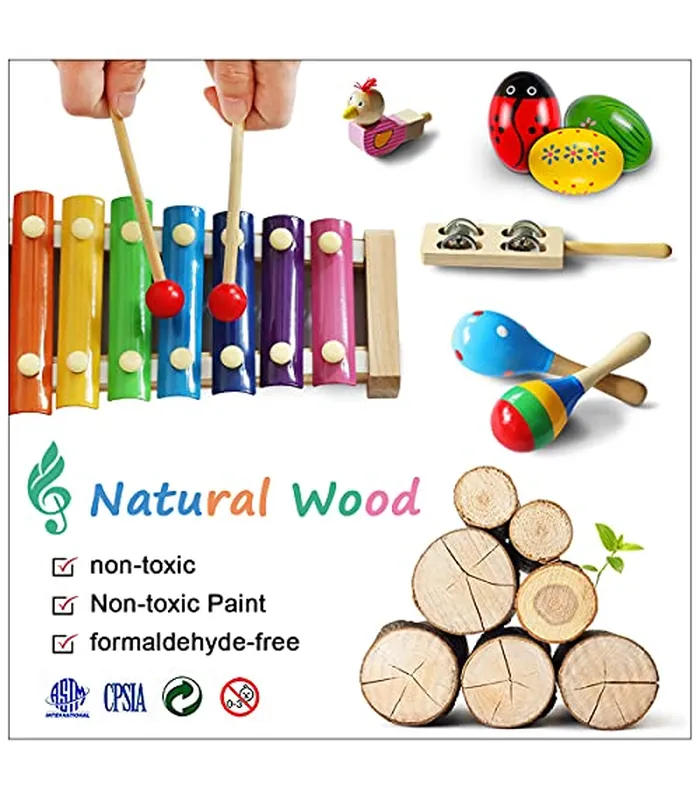 B098DX4X7903 LOOIKOOS Instrumentos musicales para niños pequeños, instrumentos de percusión de madera, juguete para niños, bebés, preescolar, juguetes musicales educativos para niños y niñas, con bolsa de