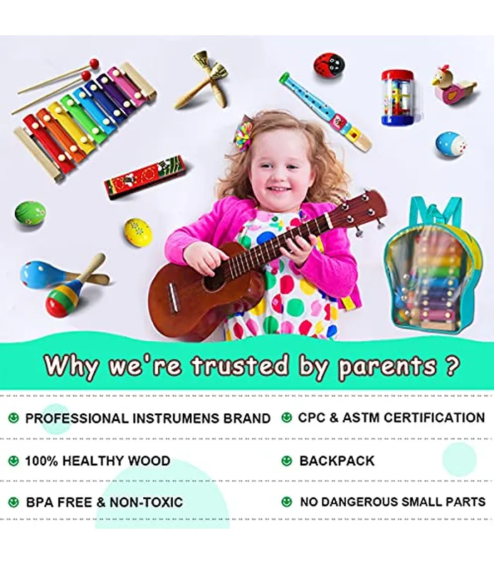 B098DX4X7904 LOOIKOOS Instrumentos musicales para niños pequeños, instrumentos de percusión de madera, juguete para niños, bebés, preescolar, juguetes musicales educativos para niños y niñas, con bolsa de