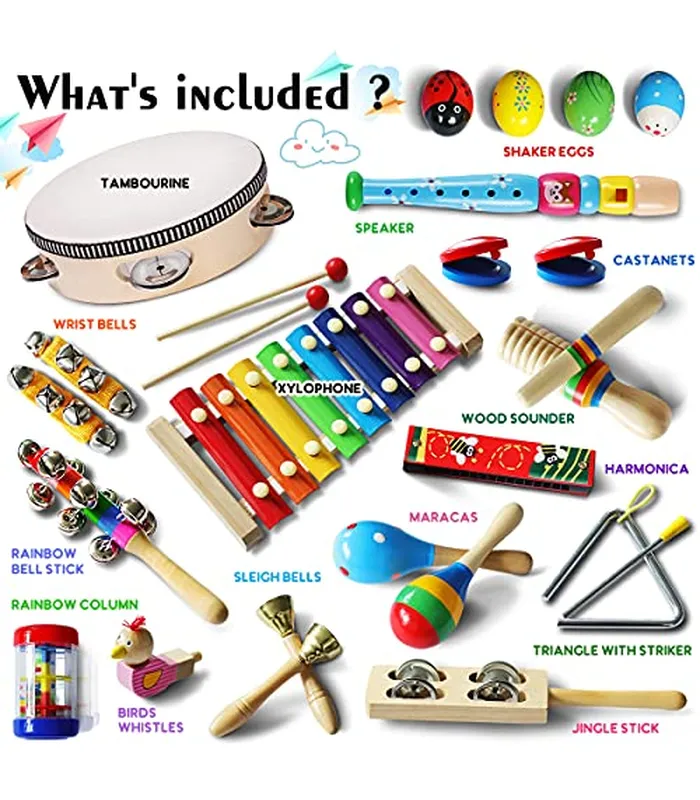 B098DX4X7906 LOOIKOOS Instrumentos musicales para niños pequeños, instrumentos de percusión de madera, juguete para niños, bebés, preescolar, juguetes musicales educativos para niños y niñas, con bolsa de