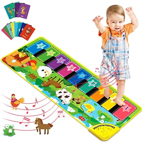 Juguetes de aprendizaje musical para bebés, tapete de piano de piso para niños pequeños con tarjetas flash de animales, sonido musical para educación temprana, manta de teclado táctil,