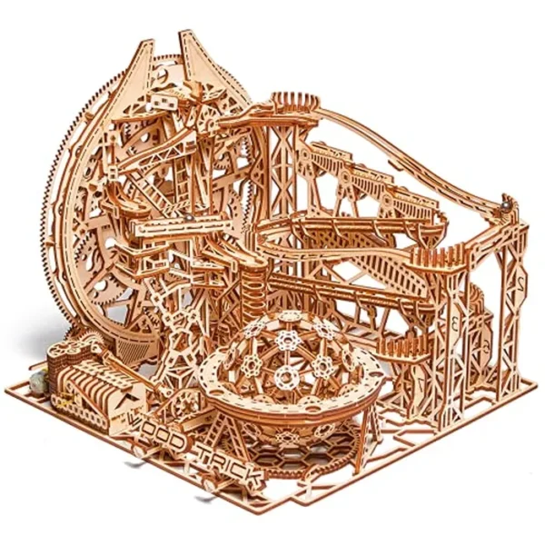 Wood Trick Wooden Marble Run Electric Motorized - Rompecabezas de madera 3D para adultos y niños para construir - 15 x 14 pulgadas - Montaña rusa - Kits de modelos de madera para adultos y